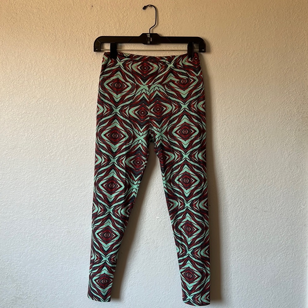 LuLaRoe-Printed Leggings-Teal Green w/ navy and red accents-One Size